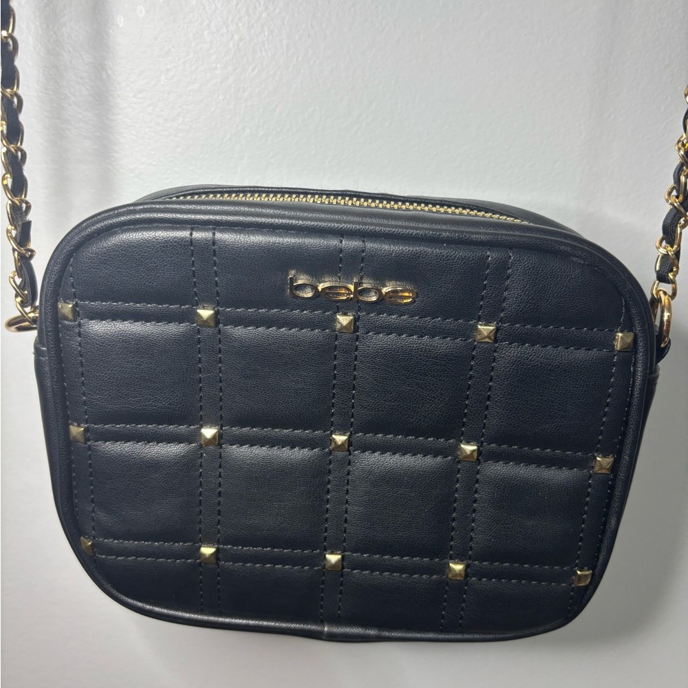 Bebe Quilted Black Crossbody with Gold Studs
